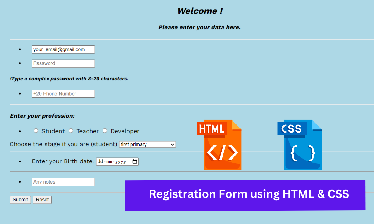 Create Student Registration Form Using HTML CSS With Code